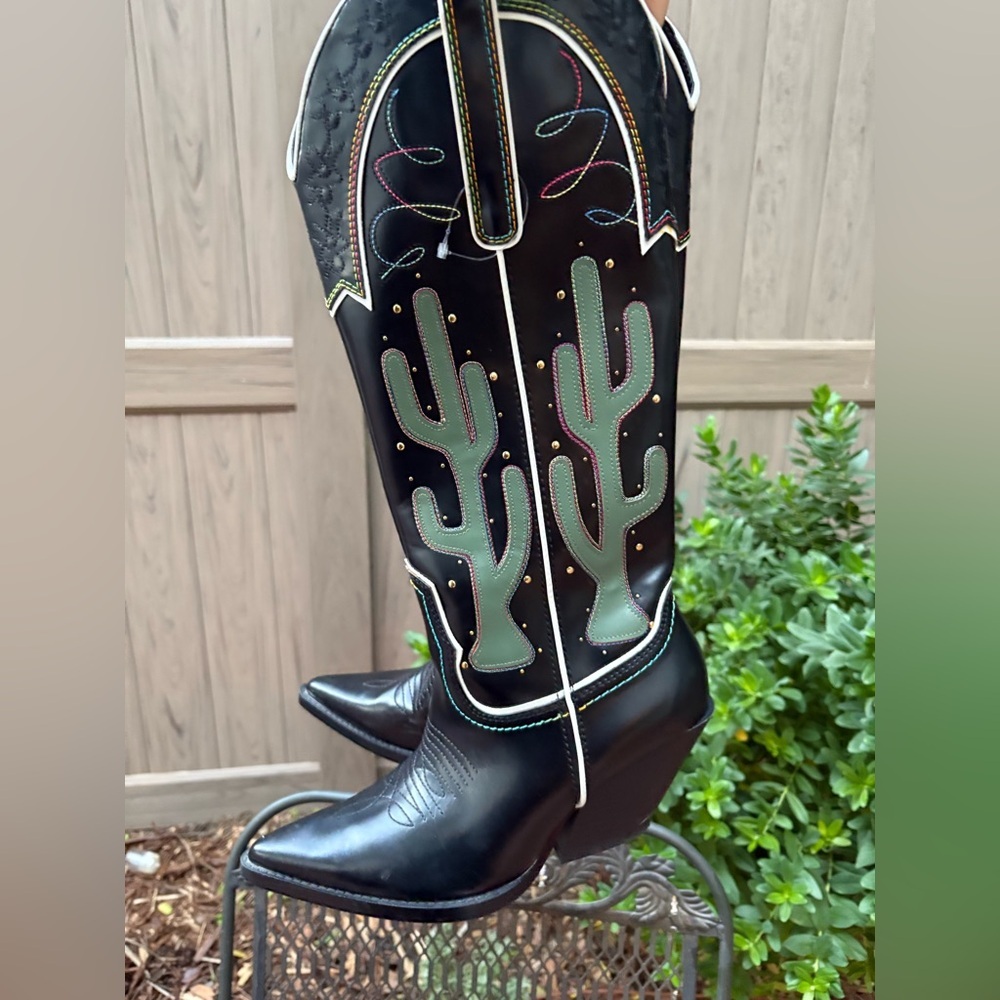 ZARA CONTRASTING KNEE HIGH CACTUS COWBOY BOOTS - Picture 13 of 13